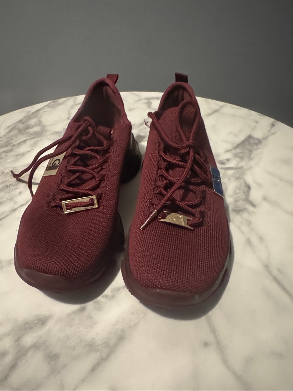 Guess Women's Burgundy Knit Lace-Up Sneakers with Gold Accent